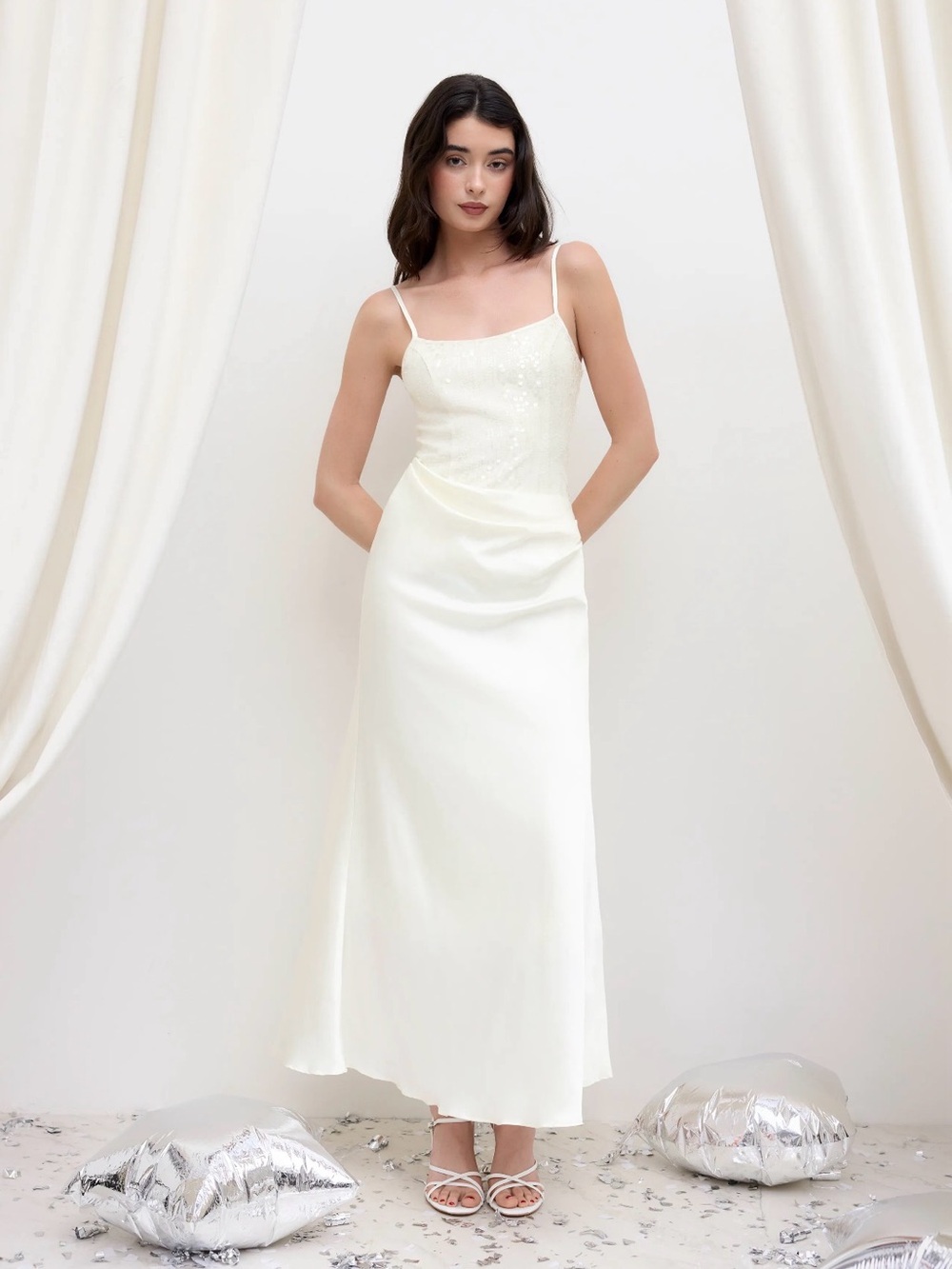 Cider Cream Satin Maxi Slip Dress with Spaghetti Straps